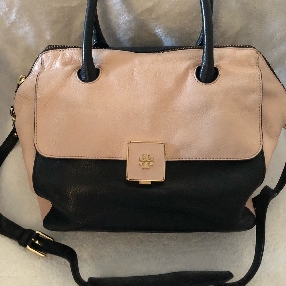 Tory Burch nude and black leather handbag